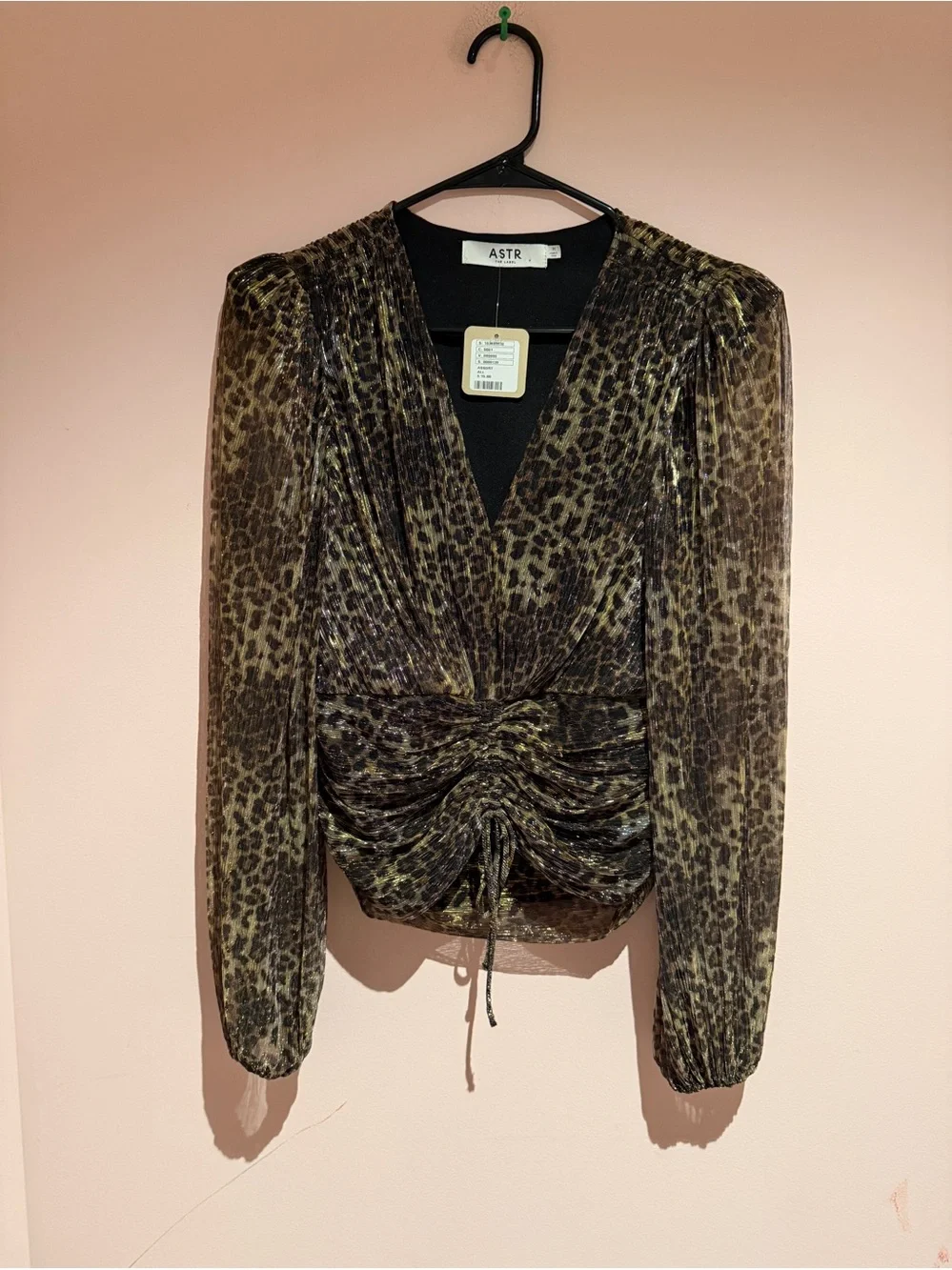 Astr Brown Leopard Print Ruched Long-Sleeve Blouse